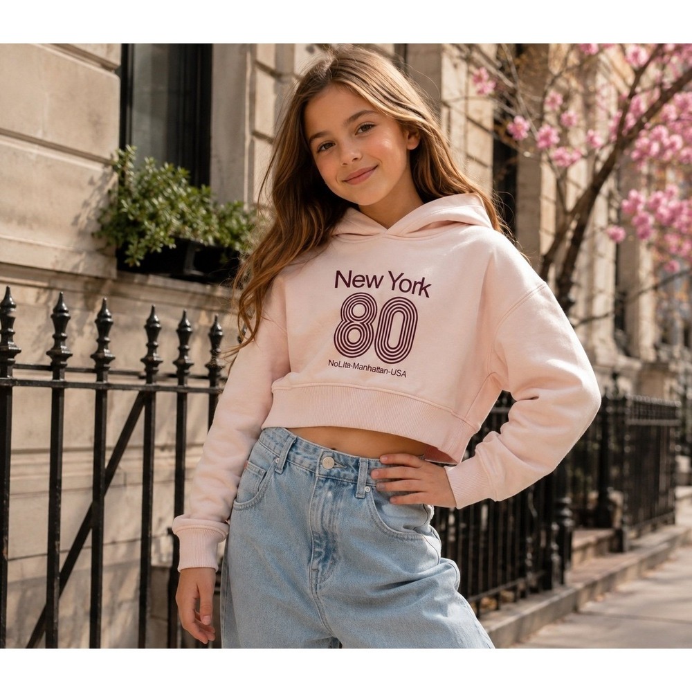 Zara Kids New York 80 Cropped Hoodie Pink Size 8-9 130 Streetwear